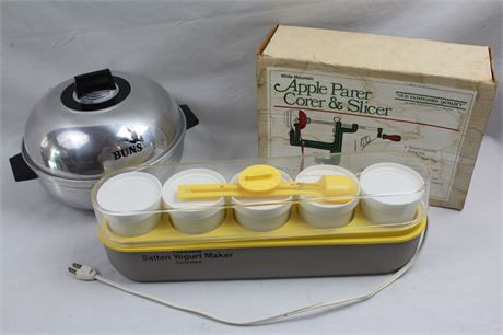 Vintage Salton Yogurt Maker, Apple Parer/Corer/Slicer, and Buns Baking Pan