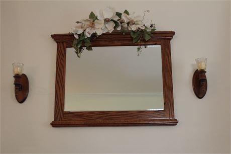 Oak Framed Wall Mirror and Candle Sconces
