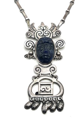 Sterling Silver Mexican Black Face Tribal 4" Pendant Necklace