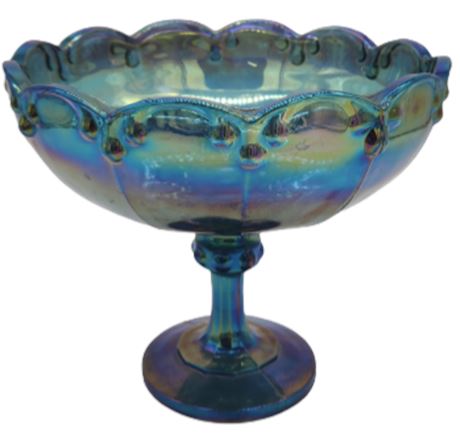 VINTAGE Blue Carnival Glass Dish Compote Teardrop Garland Pattern