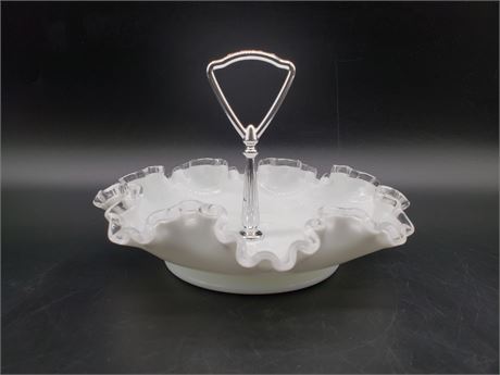 Fenton Silver Crest Milk Glass Ruffled Candy Dish w/ Metal Handle