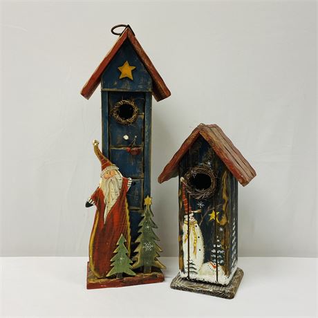 Set of Two Rustic Holiday Themed Birdhouses- 10"T & 15.5"T