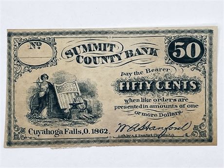 Ohio 1862 Cuyahoga Falls Summit County Bank Fifty Cent Note