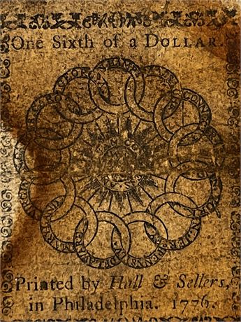 1776 US Continental Currency Note One Sixth of a Dollar Note Philadelphia