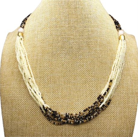 Cream and Brown Seed Bead Multi Strand Necklace
