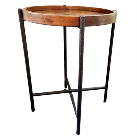 Inlaid Rose Diamond Tray Top Side Table, Cast Metal Base