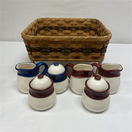 Raised Wicker Casserole Serving Dish Basket with Porcelain Sugar Creamer Sets