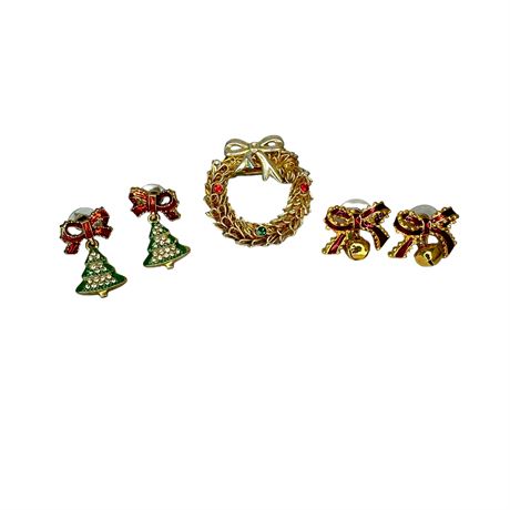 Two Pair Christmas Earrings and Wreath Pin