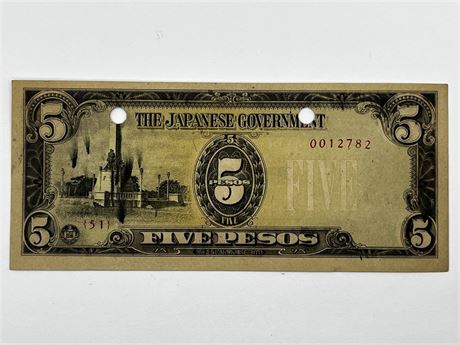 WW2 Japanese Occupation Currency Philippines 5 Pesos Note