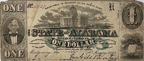 Civil War 1863 CSA State of Alabama - One Dollar - Banknote Currency
