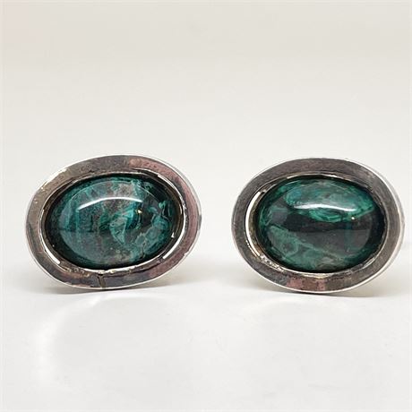 Mid Century Malachite and Sterling Silver Cufflinks