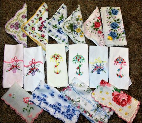 16 Hankies Embroidered Floral