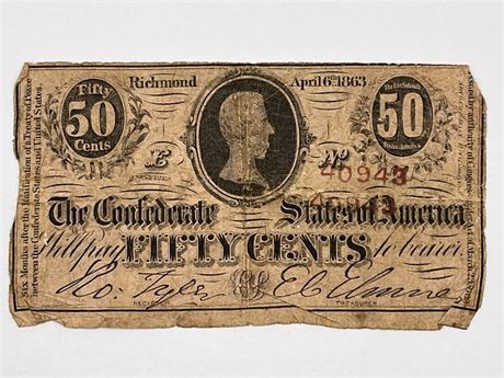 Civil War Confederate Currency Fifty Cent Note