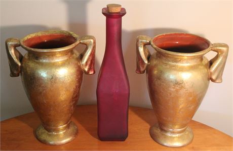 Two Pottery Vases and Frosted Glass Corked Bottle
