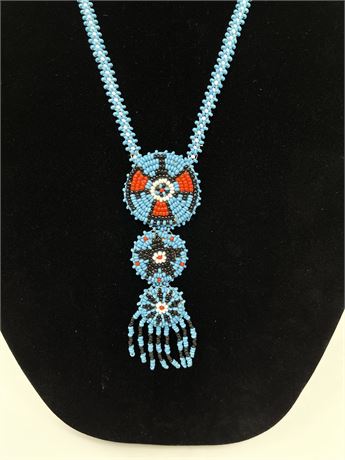 Vintage Native American Seed Bead Blue Medallion Necklace