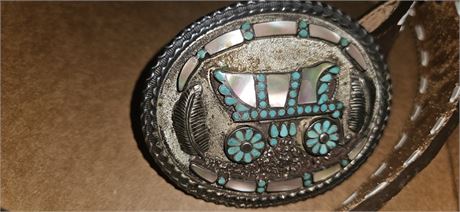 V&L Dishta silver, turquoise, and pearl belt buckle