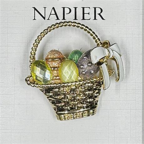 Vintage Signed Napier Easter Basket Brooch Pin with Box