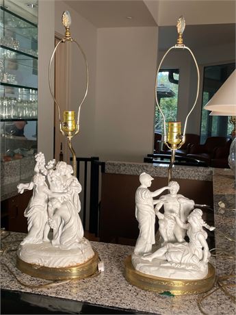 2 Capodimonte White Bisque Porcelain Figural Lamps