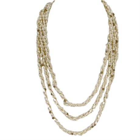Freshwater Pearl Triple Strand and Gold Bead Necklace
