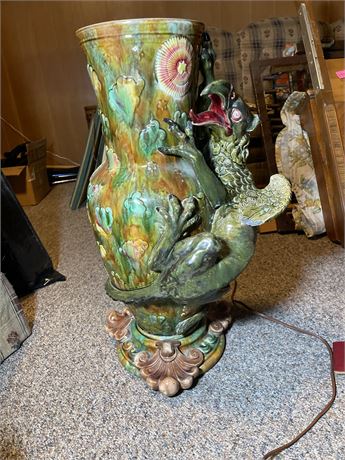 Majolica Large Umbrella Stand with Griffon on Side, Cobalt Ground 26"