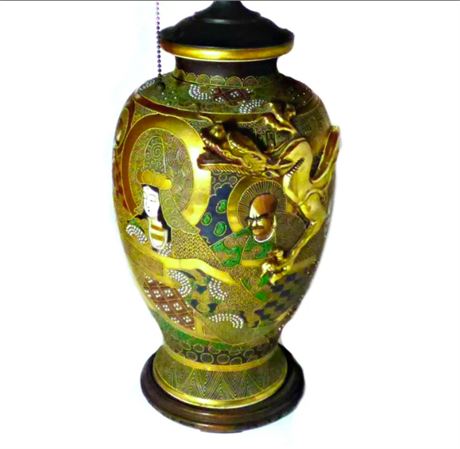 Antique Satsuma Vase / Lamp Arhats with a Sinuous Dragon Meiji Period