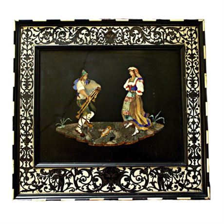 Antique Italian Pietra Dura Panel Folk Art Bacchus & Cherubs