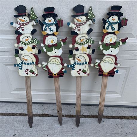 Lot of 4 Wooden Snowman Yard Stakes