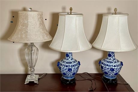 Pair of Blue and White Chinese Style Table Lamps and Clear Glass Lamp