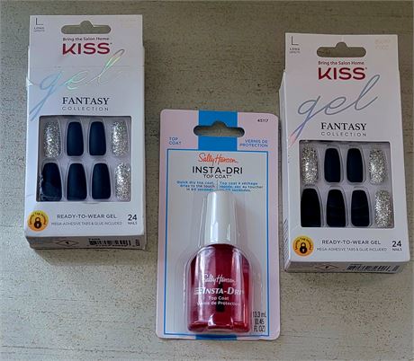 (2) New Kiss Fantasy Collection Gel Nails&Sally Hansen Insta Dri top coat