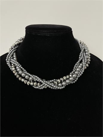 Gray Twisted Faux Pearl and Faceted Bead Necklace