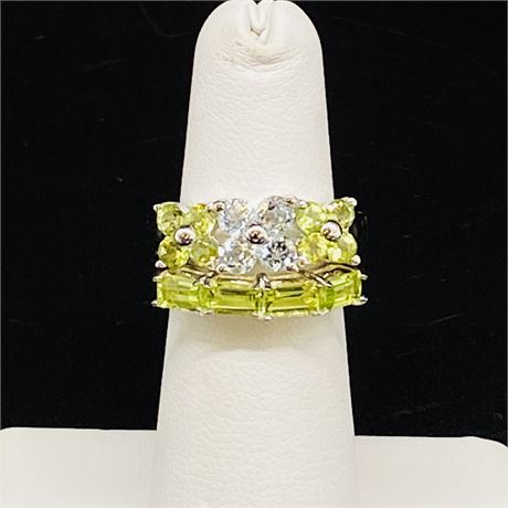 Two Peridot Sterling Silver Rings - Band Style Ring and Flower Design