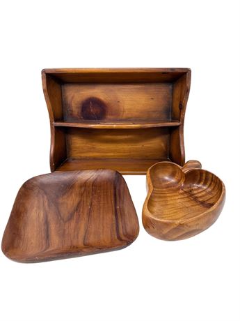 Pine Tique Box and Monkey Wood Bowl and Plate Lot