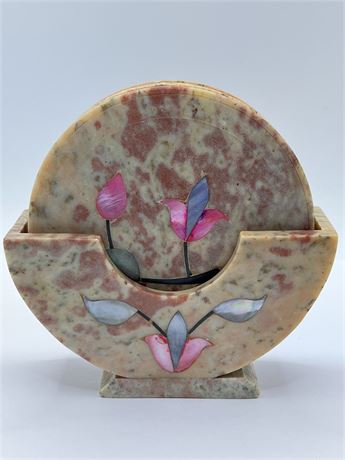 Indian Inlaid Gem Soap Stone Coaster Set