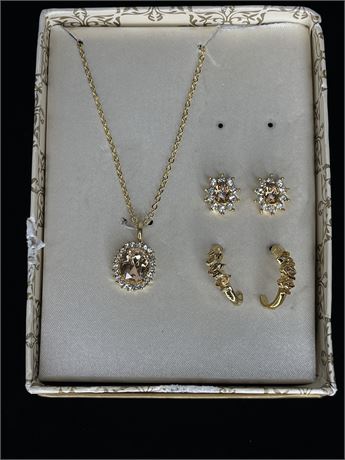 Vintage Rhinestone Necklace with Two Sets of Pierced Earrings