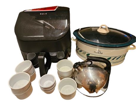 Instant Air Fryer, Crock-Pot, Tea Kettle, and Ramekins