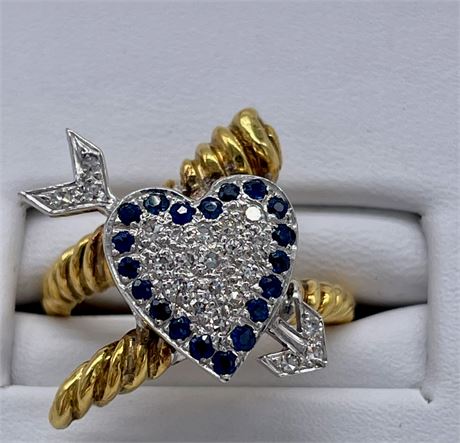 Ladies 18K Heart and Arrow Diamond and Sapphire Ring