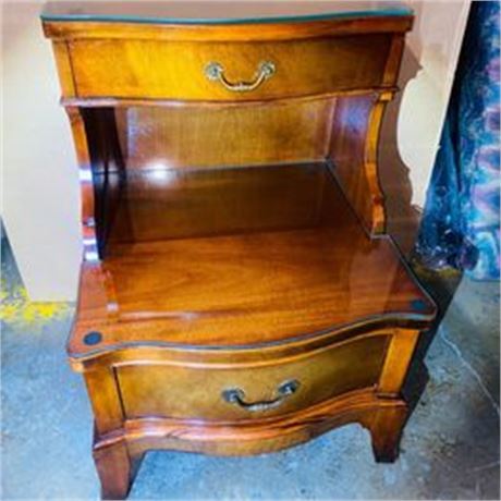 Vintage Mahogany Two Tier Nightstand with Fitted Glass Tops
