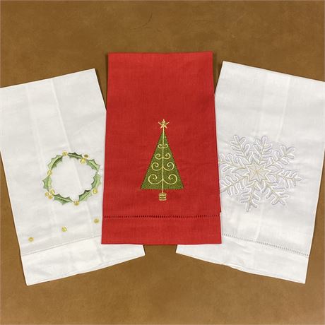 New Set of 3 Holiday Embroidered Linen Towels - 13 x 22"
