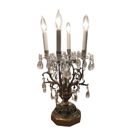 Vintage Brass Hollywood Regency Table Top Lamp with Cut Crystal Prisms