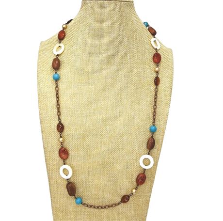 MOP, Glitter and Aqua Blue Bead Copper Tone Necklace