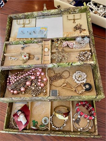 Group of Costume Jewelry in Vintage Green Jewelry Box