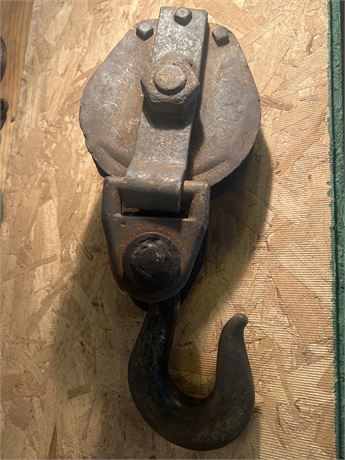 Vintage Industrial Cast Iron Pulley with Hook