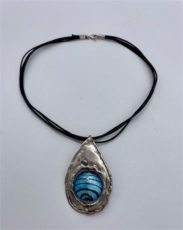 Sterling Silver and Art Glass Pendant on Leather Necklace