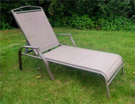 Tan Metal and Mesh reclining patio lounge chair