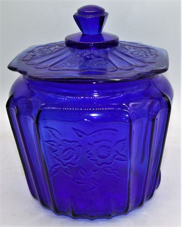 Blue biscuit jar Mayfair Rose depression glass
