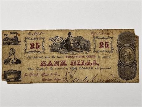 Scarce Tiffin Ohio Pre Civil War 25 Cents Note Broken Bank Currency