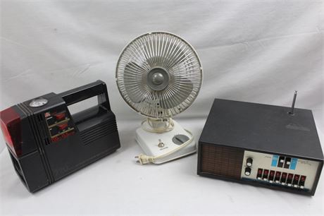 Sears Desk Fan, Regency Monitoradio/Executive Scanner, and Alltrade Compressor/W