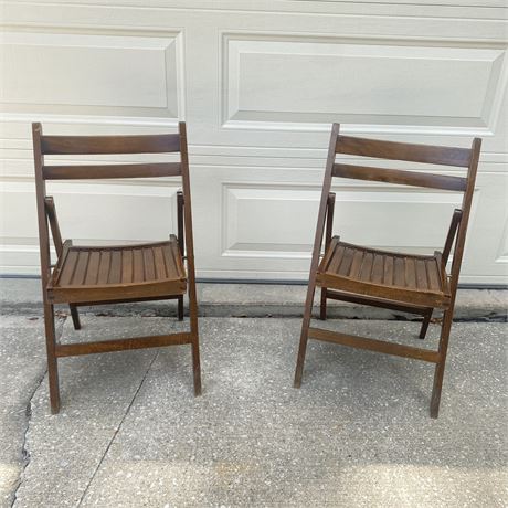 Pair of Vintage Wood Slatted Folding Chairs