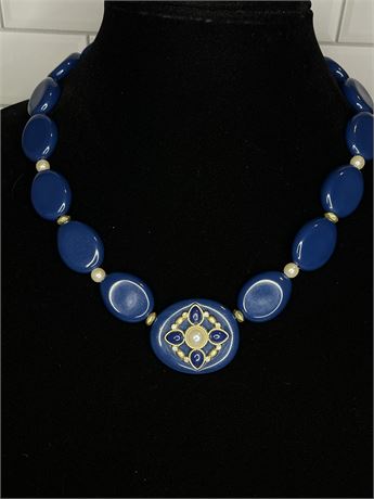 Blue Bead Avon Necklace Faux Pearl Accents