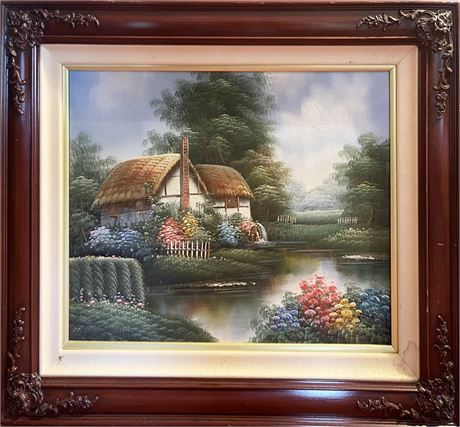 Decorative English Cottage and Garden Oil on Canvas Decorator Art
